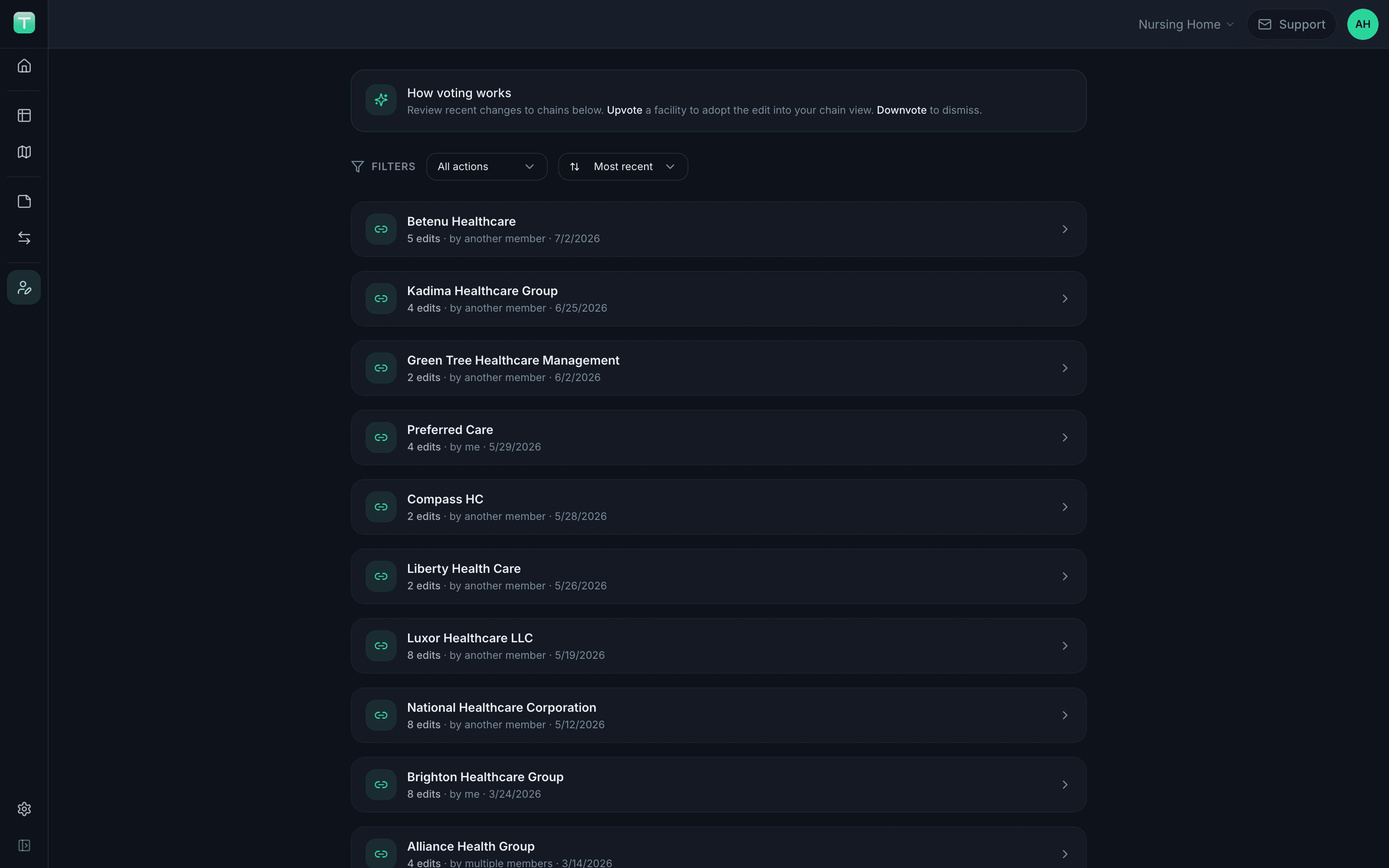 Tru-Optic community edits feed showing recent chain ownership changes proposed and voted on by members