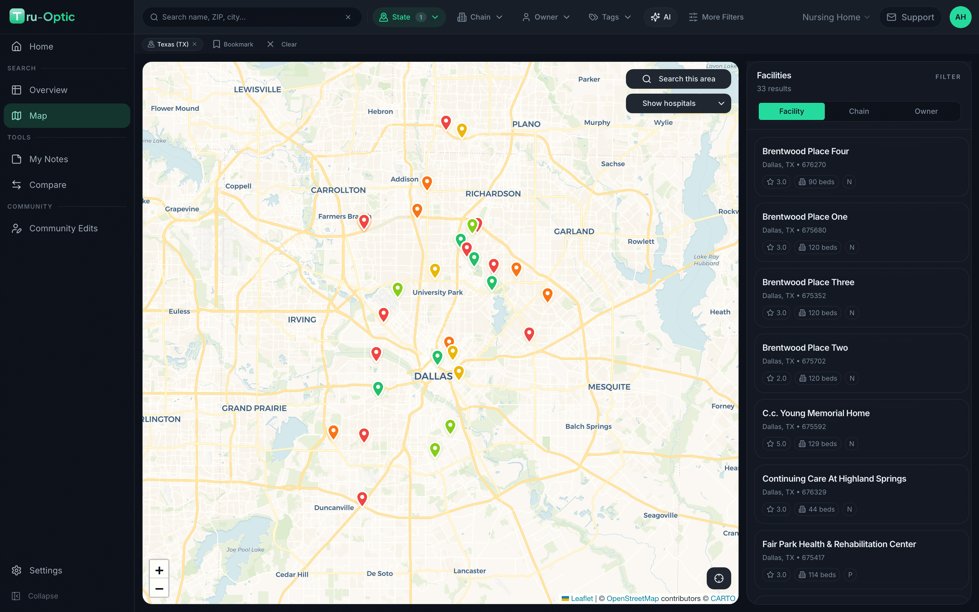 Tru-Optic map view showing color-coded skilled nursing facilities across the Dallas metro with a live facility list